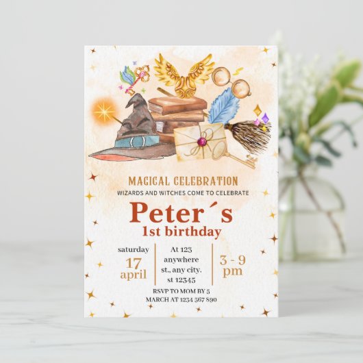 Wizard Magical Kids Birthday Party Invitation Einladung (Stehend Vorderseite)