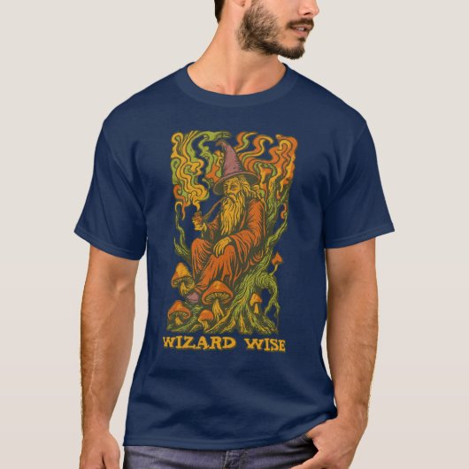 Wizard on Gnarly Tree Retro Psychedelic Art T-Shirt (Vorderseite)