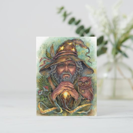 Wizard Postcard Forest Fantasy Magic Owl Postkarte (Stehend Vorderseite)