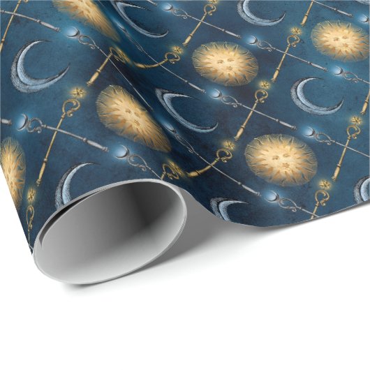 Wizard Wand Celestial Sun Moon Blue Hintergrund Geschenkpapier (Rolleneckpunkt)