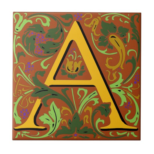 Wm Morris Verziert Letter "A" Initial Keramik Tile Fliese (Vorderseite)