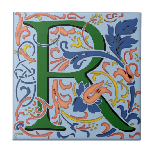 Wm Morris Verziert Letter "R" Initial Keramik Tile Fliese (Vorderseite)