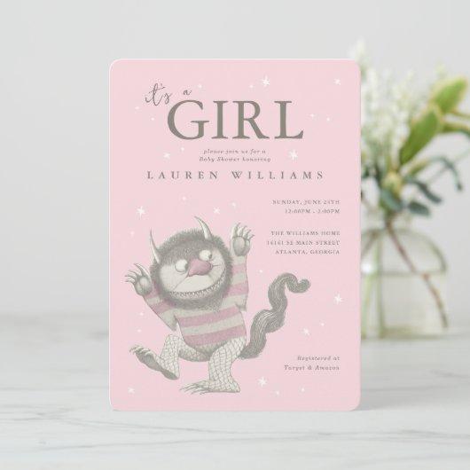 Wo die wilden Dinge sind | Girl Baby Dusche Einladung (Stehend Vorderseite)