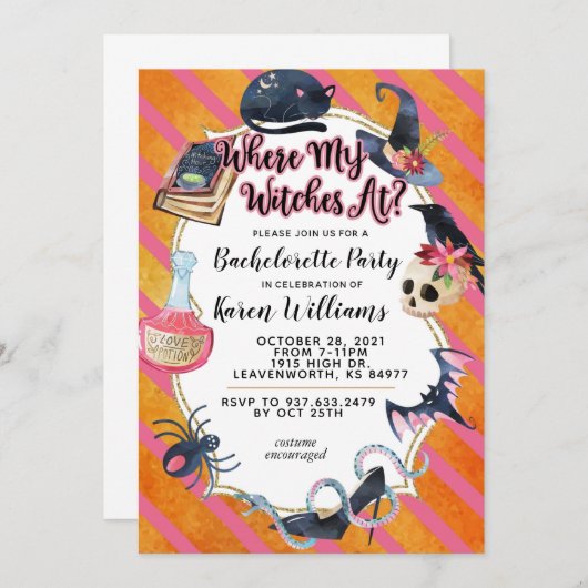 Wo meine Hexen zu Halloween-Junggeselinnen-Abschie Einladung (Vorne/Hinten)