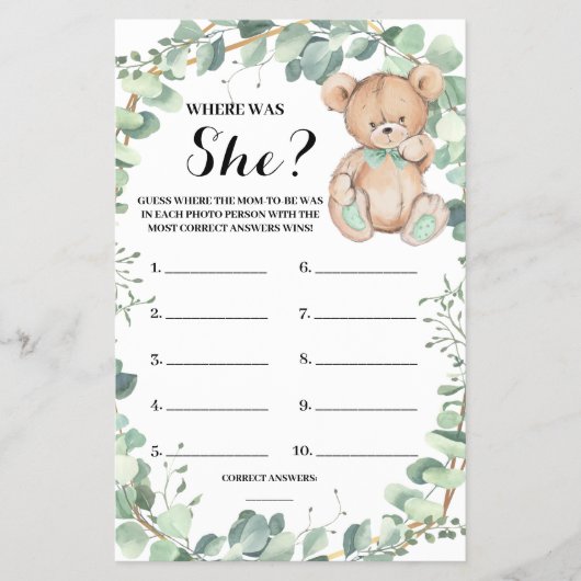 Wo war sie Bear Greenerenery Baby Shower Game Card Flyer (Vorne)