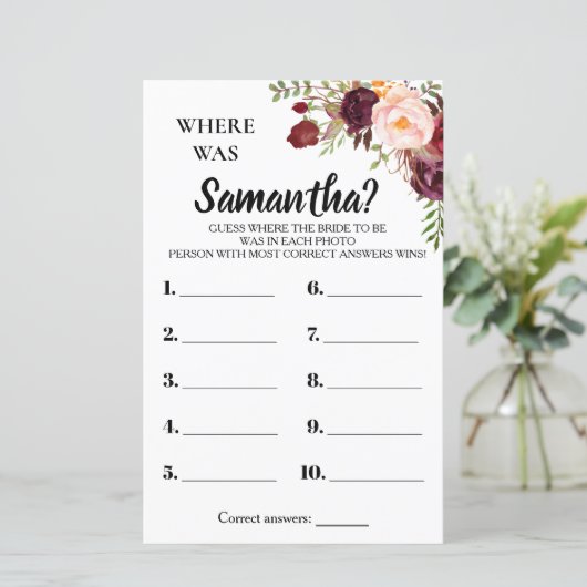 Wo war sie Marsala Blume Brautparty Game (Stehend Vorderseite)