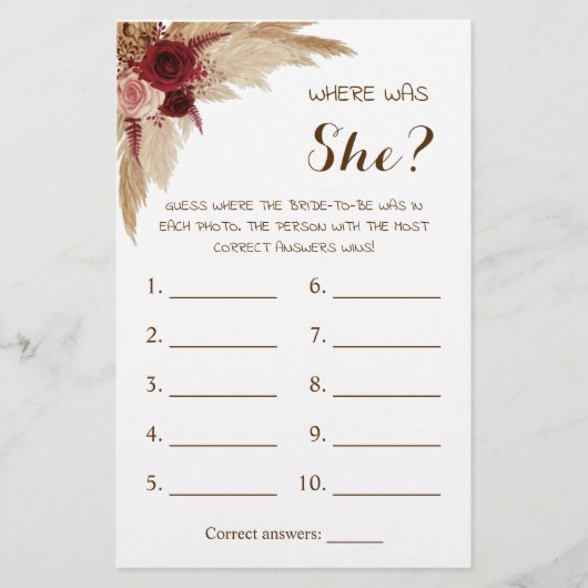 Wo war sie? Pampas Grass Duschkarte Flyer (Vorne)