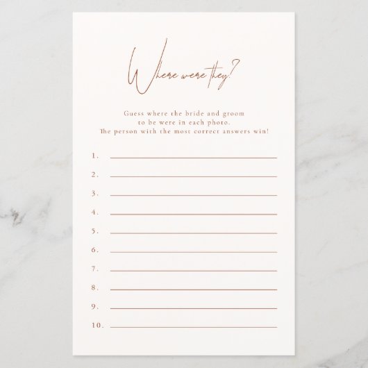 Wo waren sie Terracotta Brautparty Game (Vorderseite)