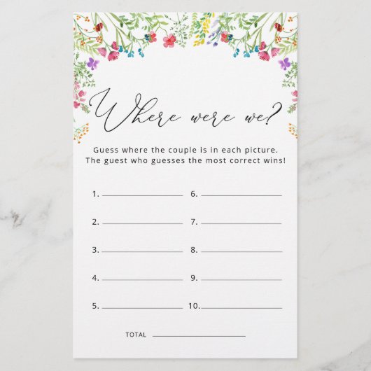 Wo waren wir Wildblume Brautparty Game (Vorderseite)