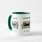Wochenend-Modus-Katze-Kaffeetasse Lustige schwarze Tasse (Vorderseite Links)