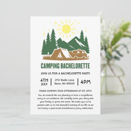 Wochenende am Camping Bachelorette Einladung (Stehend Vorderseite)
