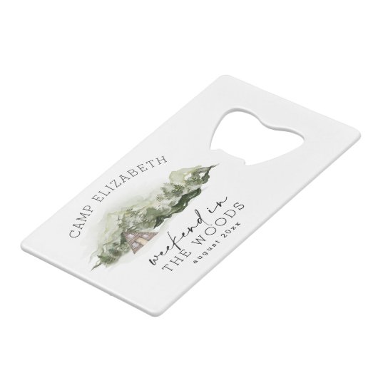 Wochenende im Camping Woods Bachelorette Geldbeutel Flaschenöffner (Vorderseite Schrägansicht)