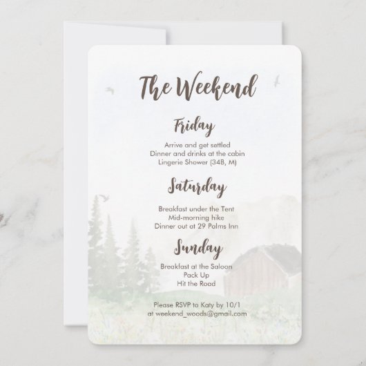 Wochenende im Wald Bachelorette Einladung (Rückseite)