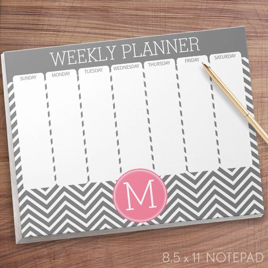 Wochenplaner Grau-Pink-Chevronen mit Monogramm Notizblock