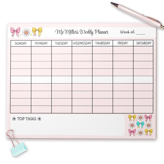 Wöchentlicher Planer Niedlich School Teacher Name Notizblock