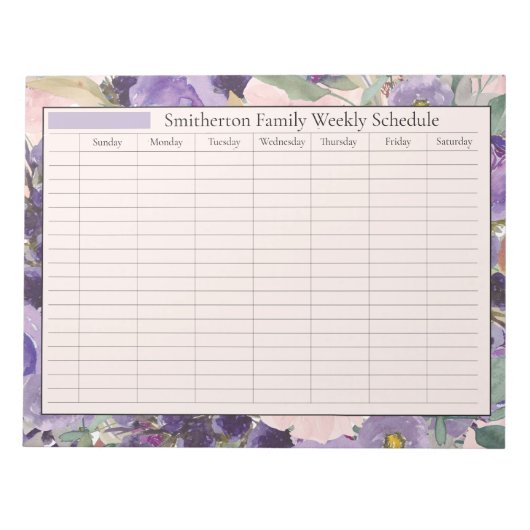 Wöchentlicher Planer Zeitplan Rosa Lila Blumen Notizblock (Vorderseite)