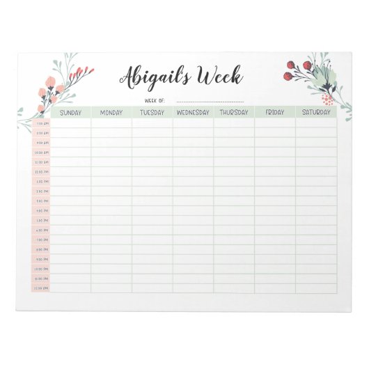 Wöchentlicher Stundenplaner mit Sonntag Start 7 - Notizblock (Vorderseite)