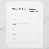 wöchentliches Menü druckbare Tabelle Briefbogen (Vorne/Hinten)