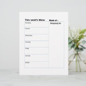 wöchentliches Menü druckbare Tabelle Briefbogen (Stehend Vorderseite)