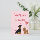 Wof you be mine Valentine Hunde Postkarte (Stehend Vorderseite)