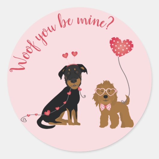 Wof you be mine Valentine Hunde Runder Aufkleber (Vorderseite)