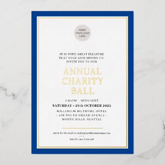 WOHLTÄTIGKEIT BALL Modernes, elegantes Logo königs Folieneinladung (Vorderseite)