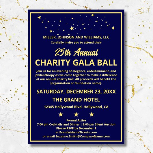 Wohltätigkeit Gala Ball Elegante Blue Gold Custom Einladung