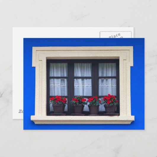 Wohngebäude mit Blume in Fenstern Postkarte (Vorne/Hinten)