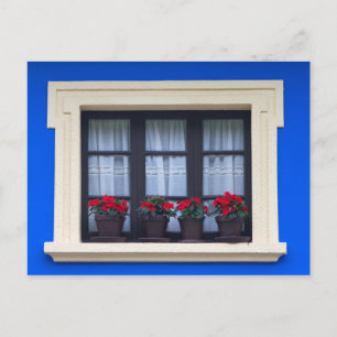 Wohnhaus mit Blumen in den Fenstern Postkarte