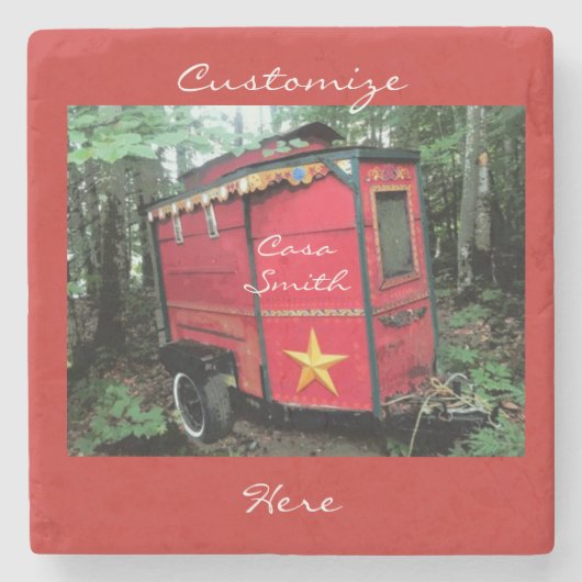 Wohnwagen mit Vintagem Sinti und Roma-Anhänger Thu Steinuntersetzer (Vorderseite)