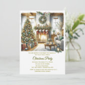 Wohnzimmer und Party der Weihnachtsbaume Einladung (Stehend Vorderseite)
