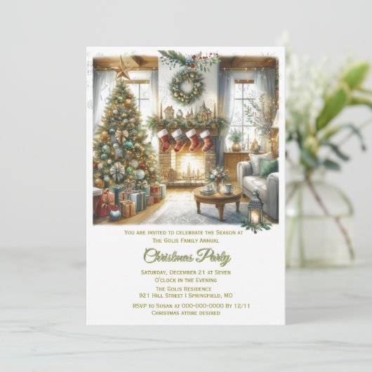 Wohnzimmer und Party der Weihnachtsbaume Einladung (Stehend Vorderseite)