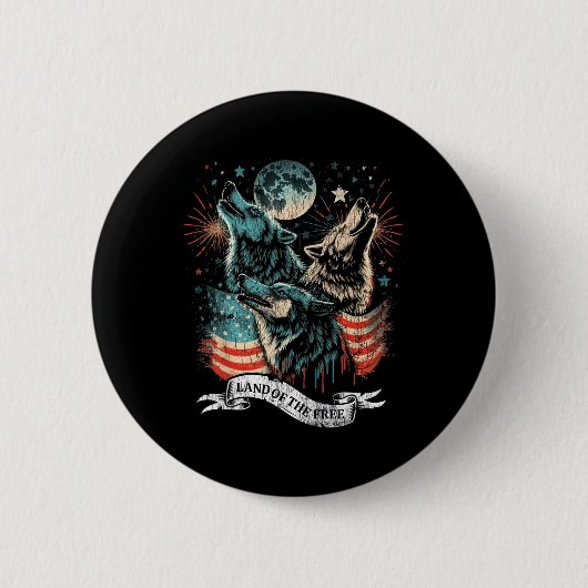 Wolf 4. Juli Amerikanische Flagge Howling America Button (Vorderseite)