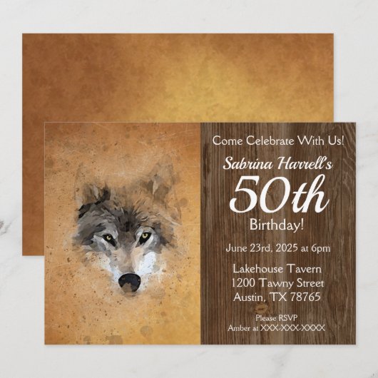 Wolf 50. Geburtstagsfeier Einladung (Vorne/Hinten)