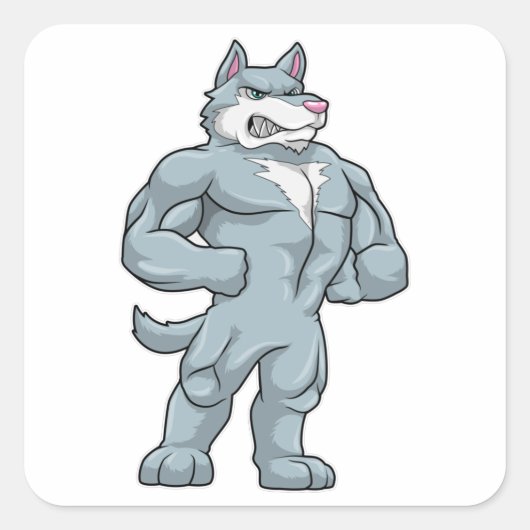 Wolf als Bodybuilder Extrem Quadratischer Aufkleber (Vorderseite)