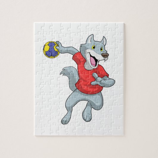 Wolf als Handballspieler mit Handball Puzzle (Vertikal)