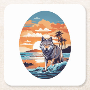 Wolf am Strand Rechteckiger Pappuntersetzer