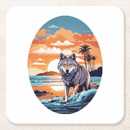 Wolf am Strand Rechteckiger Pappuntersetzer (Vorderseite)