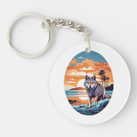 Wolf am Strand Schlüsselanhänger (Vorderseite)