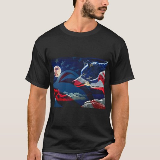 Wolf American Flag Full Moon T-Shirt (Vorderseite)