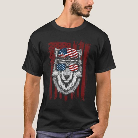 Wolf American Flag USA 4. Juli Männer Frauen Wolle T-Shirt (Vorderseite)