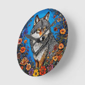 Wolf Amid Vibrant Blume Runde Wanduhr (Winkel)