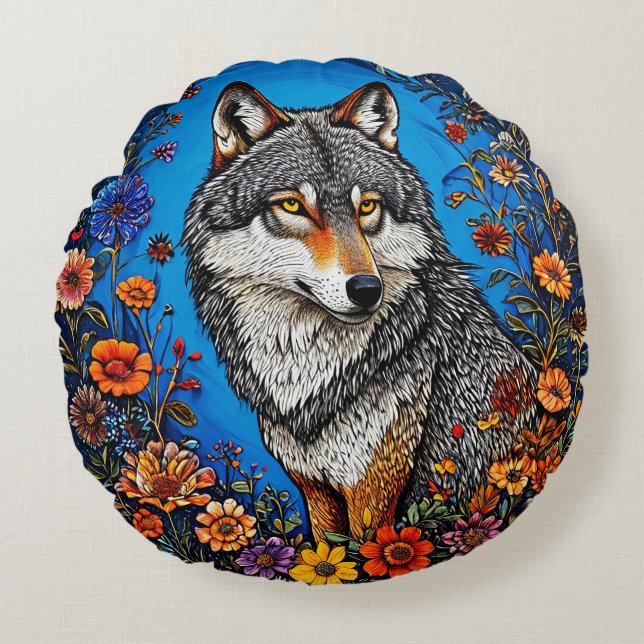 Wolf Amid Vibrant Blume Rundes Kissen (Vorderseite)