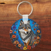 Wolf Amid Vibrant Blume Schlüsselanhänger (Rückseite)
