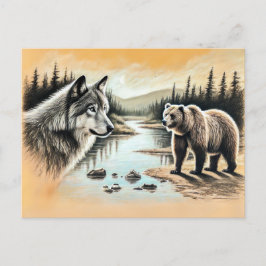 Wolf and Bear Meet by River Postkarte