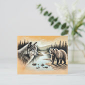 Wolf and Bear Meet by River Postkarte (Stehend Vorderseite)