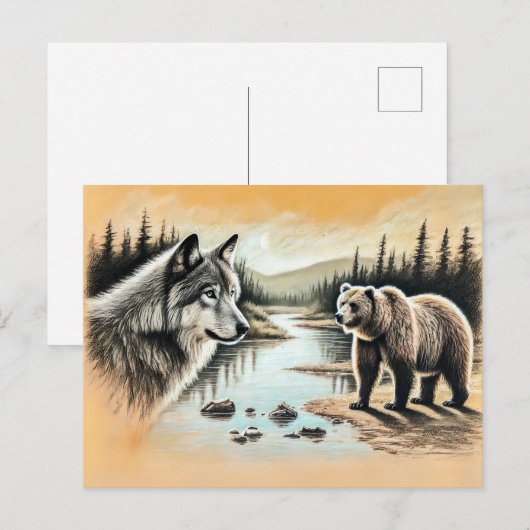 Wolf and Bear Meet by River Postkarte (Vorne/Hinten)