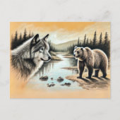Wolf and Bear Meet by River Postkarte (Vorderseite)