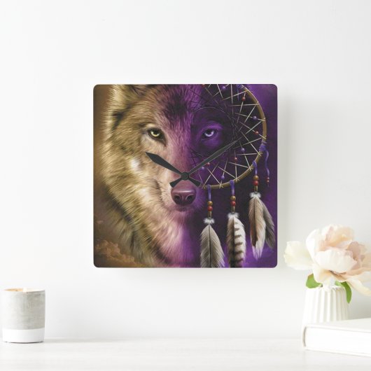 Wolf and Dream Catcher Quadratische Wanduhr (Zuhause)