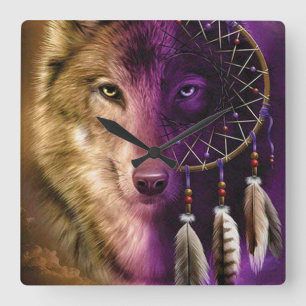 Wolf and Dream Catcher Quadratische Wanduhr